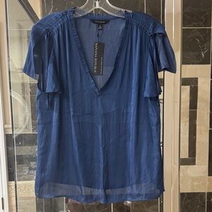 Banana Republic Women's Deep Blue V-Neck Flutter Sleeve Blouse